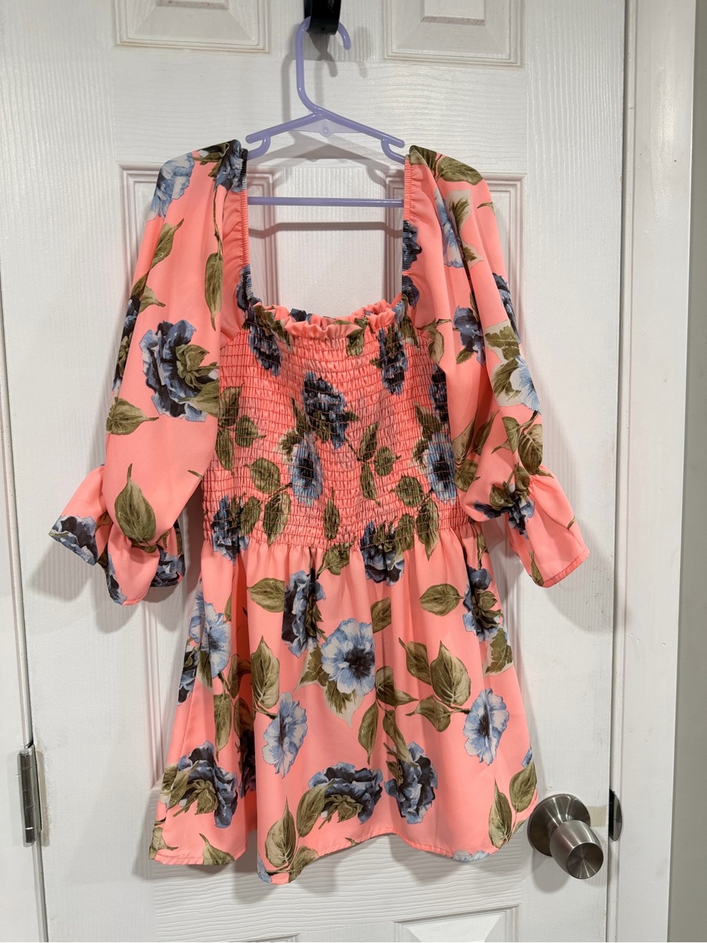 Women’s Floral Smocked Square-Neck Tunic in Coral Pink